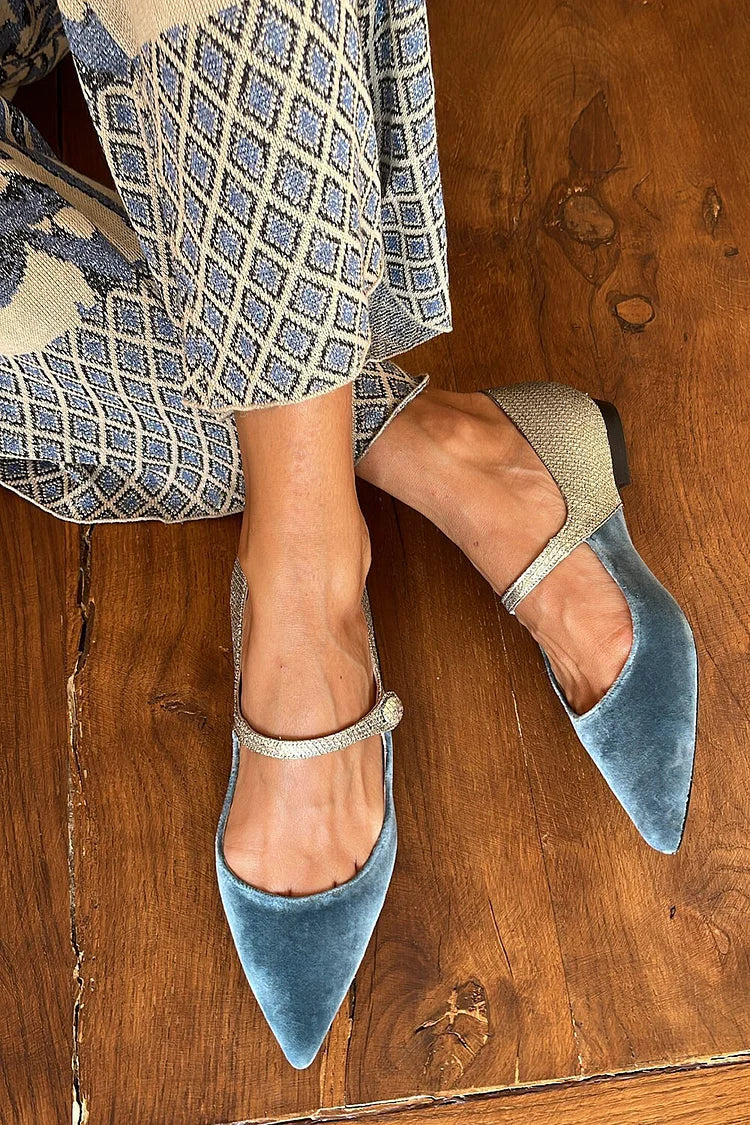 Ballerines pointues patchwork Bleu avec bride et boucle sur le cou-de-pied