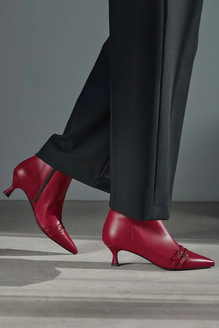 Renée | Bottes Mi-Mollet Bordeaux Pointues à Double Bride et Zip