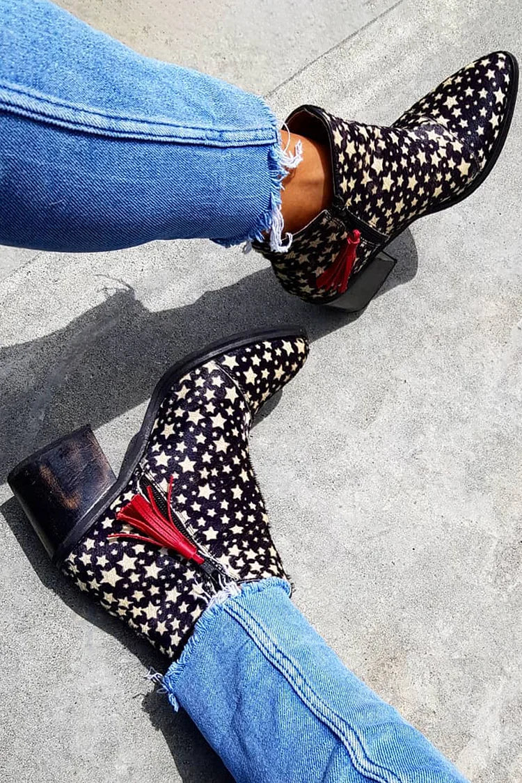 Marine | Bottes Western Noires à Étoiles et Pompons