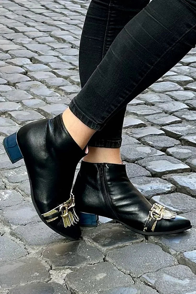 Irène | Bottines Noires Pointues à Franges et Boucle Métal