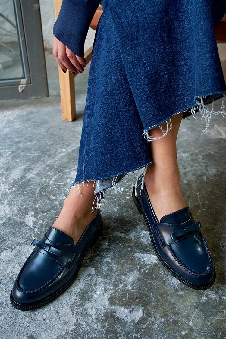 Mocassins Bleu Marine à Nœud Décoratif, Design Patchwork et Bout Rond.