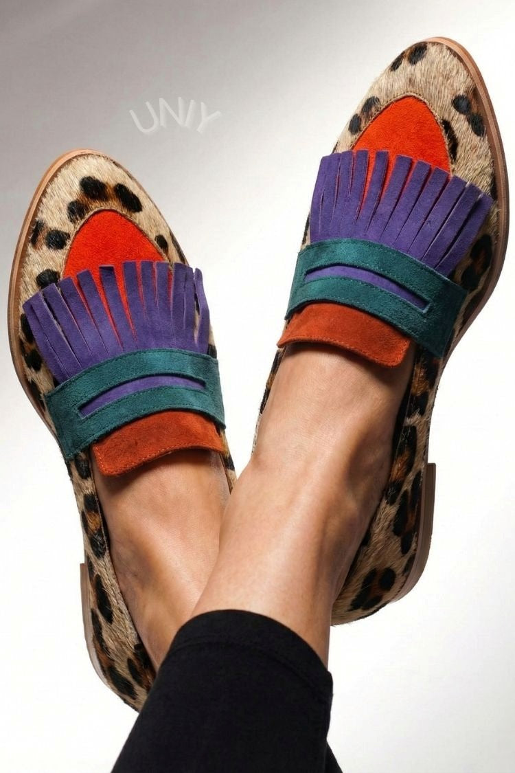 Irène | Mocassins Rétro Léopard à Franges Multicolores