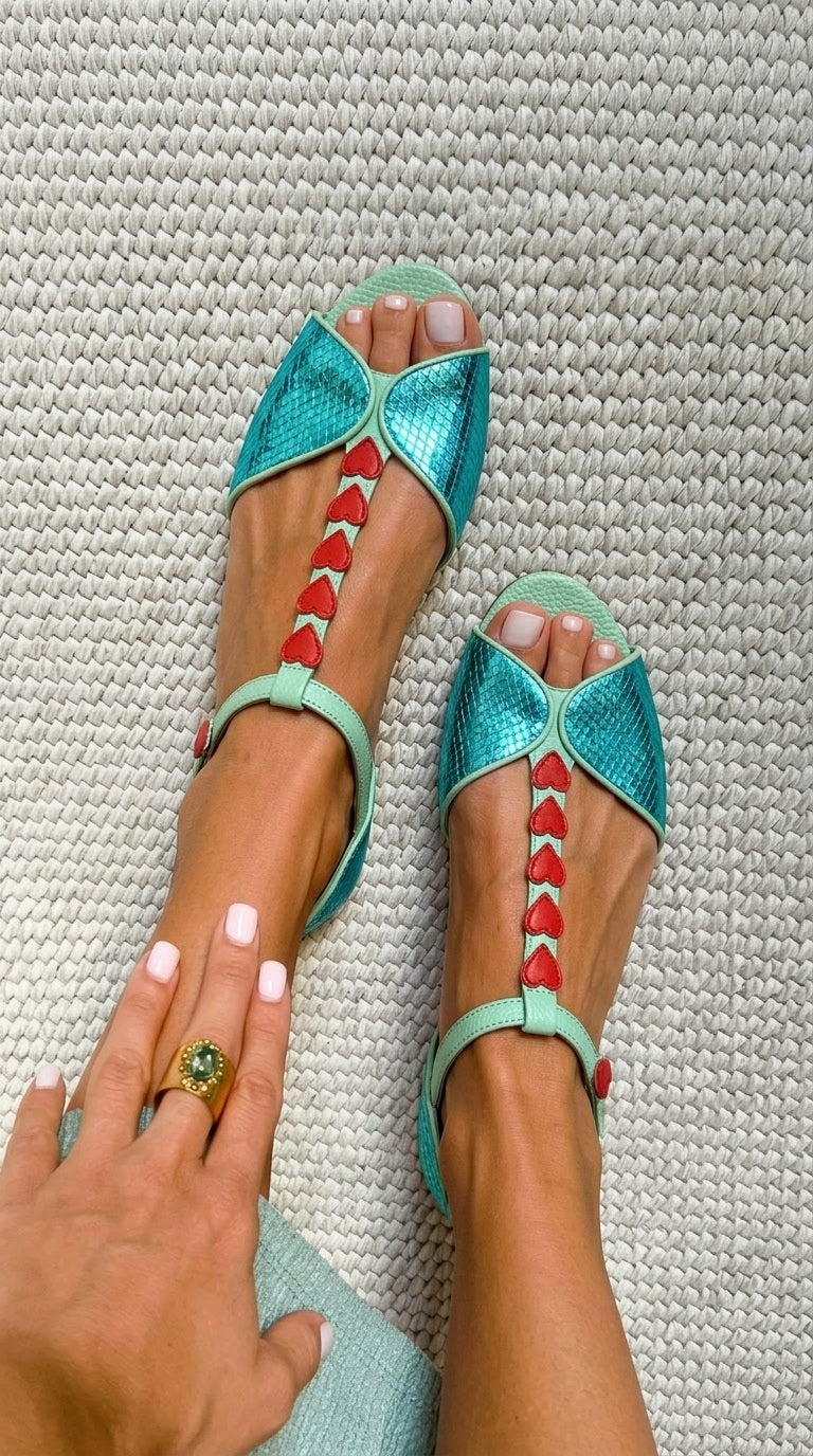 Sandales plates peep toe Pétrole et Rouge avec bride en T et cœur