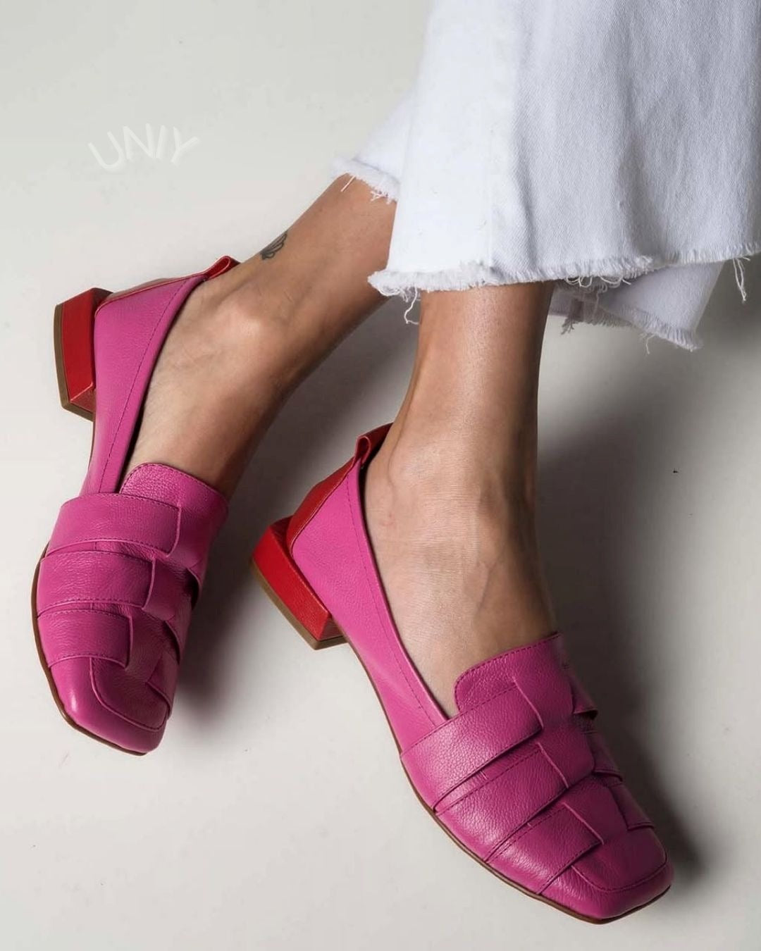 Lorraine | Mocassins Fuchsia Tressés Color Block à Bout Carré