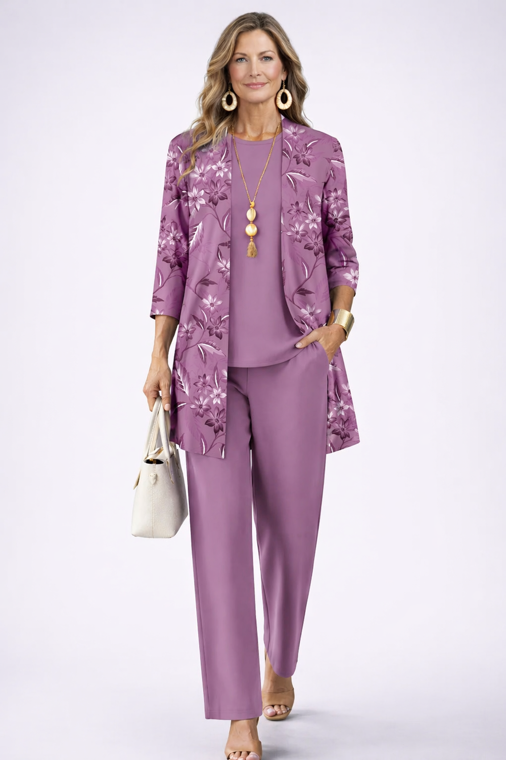 Céleste | Ensemble Trois Pièces Lilas à Gilet Imprimé Marbré