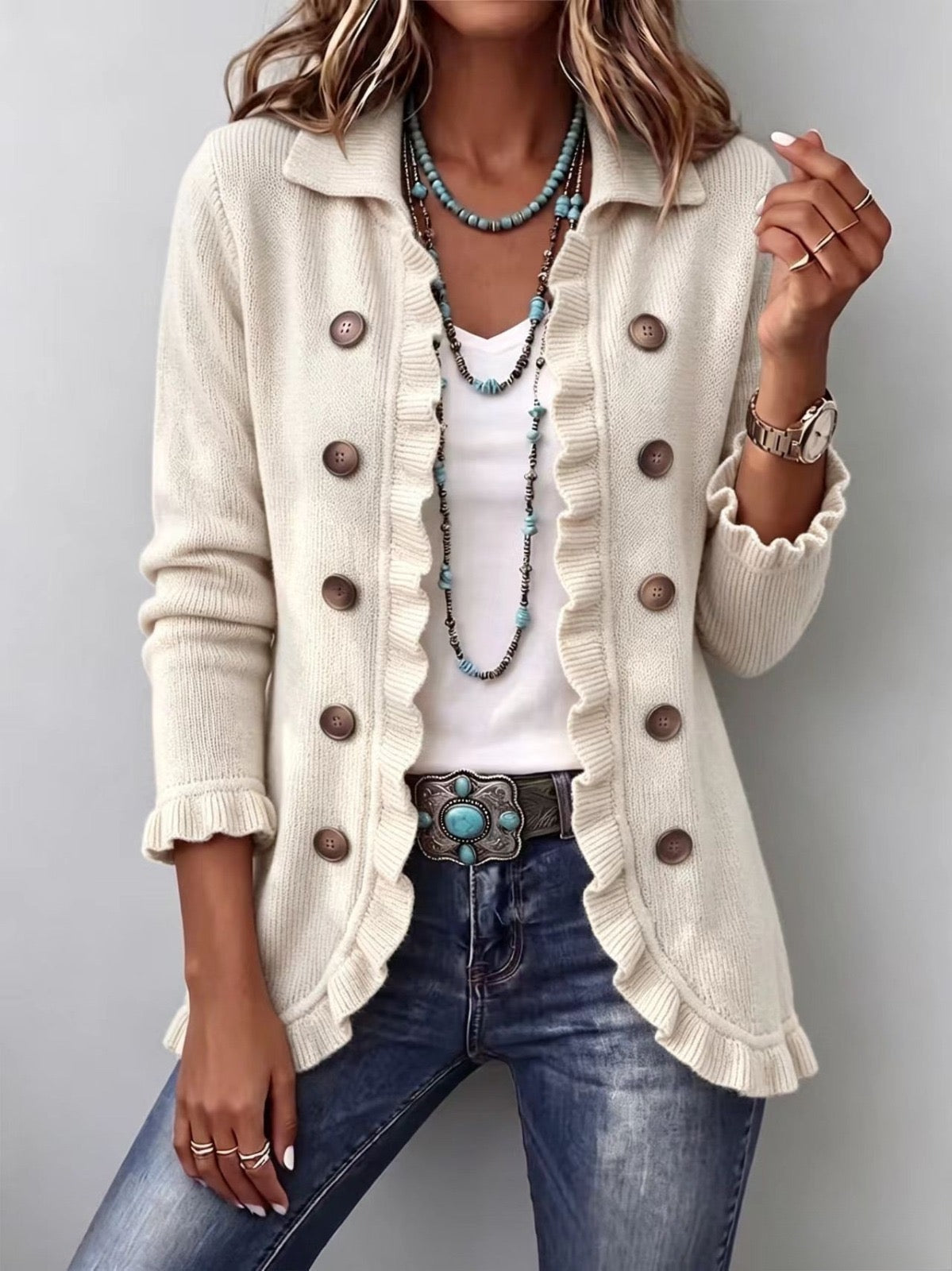 CLAIRE | Veste en maille ivoire à volants