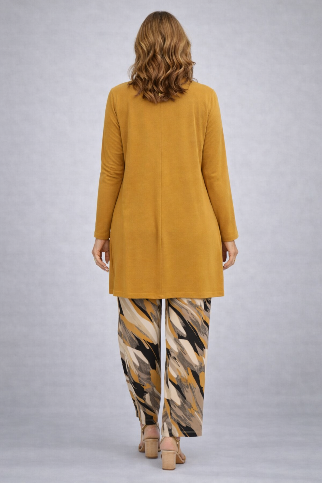 Émeline | Ensemble Trois Pièces Jaune Moutarde à Pantalon Imprimé