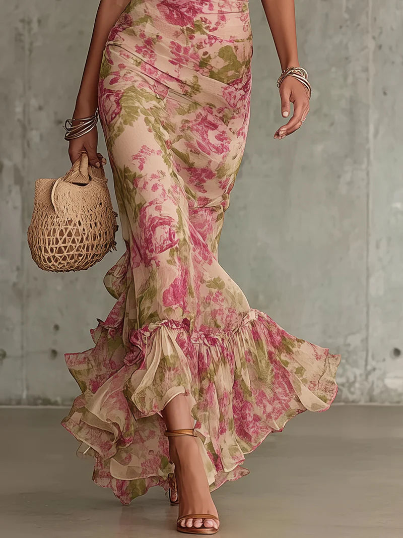 Robe Longue à Imprimé Roses Vintage et Manches Bouffantes (Accessoires non inclus)