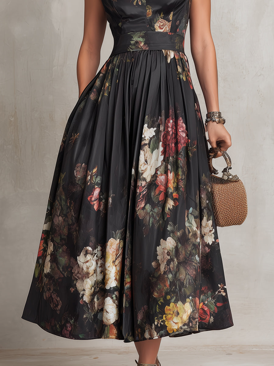 Robe Midi en Satin Noir à Col Trou de Serrure, Jupe Plissée et Imprimé Floral