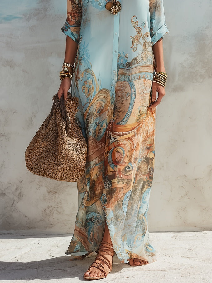 Robe Chemise Longue Bleue à Imprimé Floral Esprit Vacances