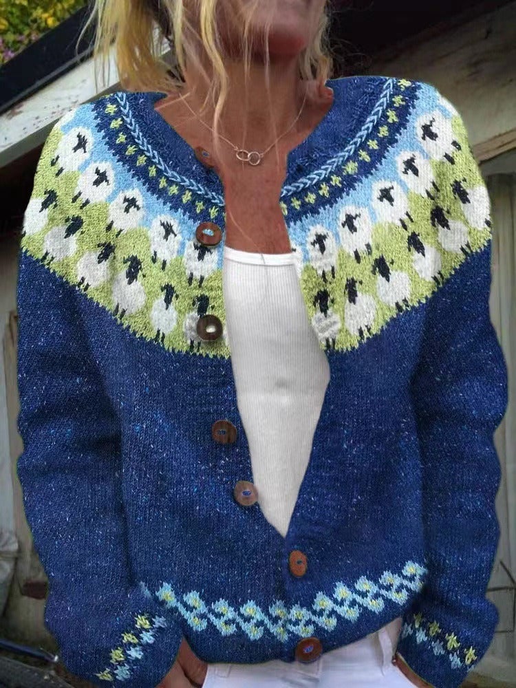 Euphrasie | Cardigan Jacquard Bleu Roi et Vert Anis