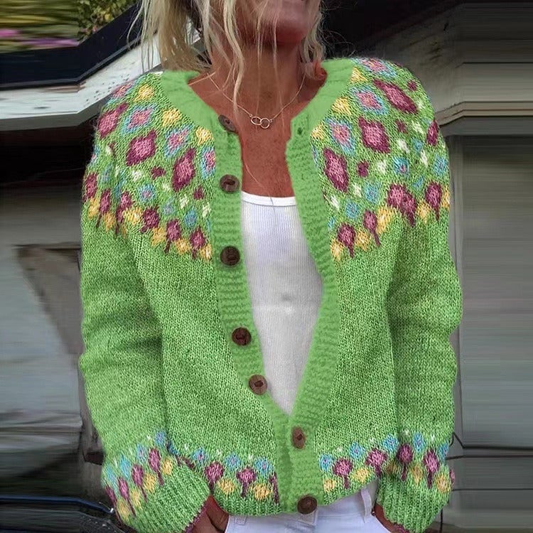 Joëlle | Cardigan Jacquard Fleuri Vert Pomme