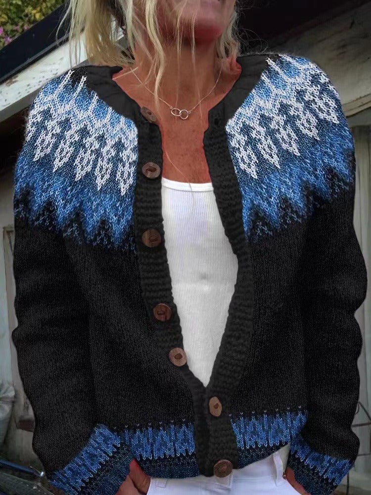 Reine | Cardigan Jacquard Noir et Bleu