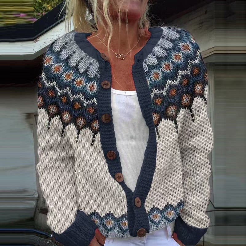 Lysiane | Cardigan Jacquard Écru et Bleu Nuit