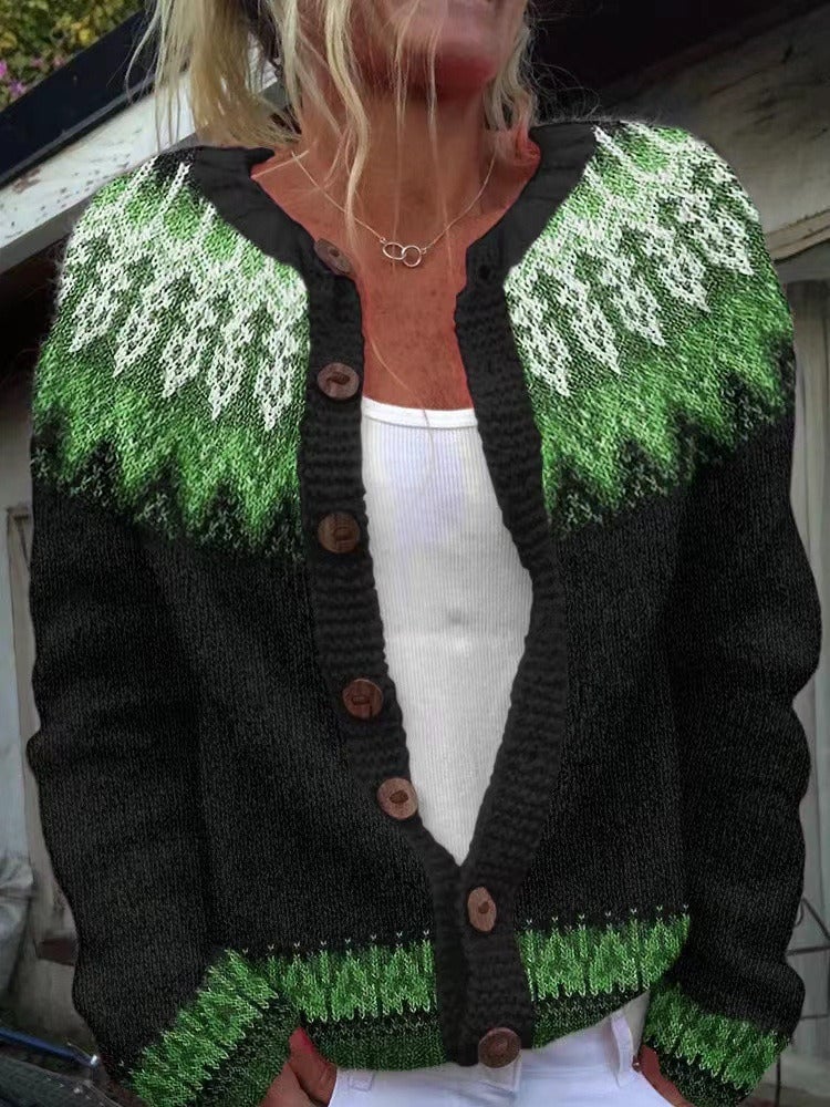 Klervi | Cardigan Jacquard Noir et Vert Pomme