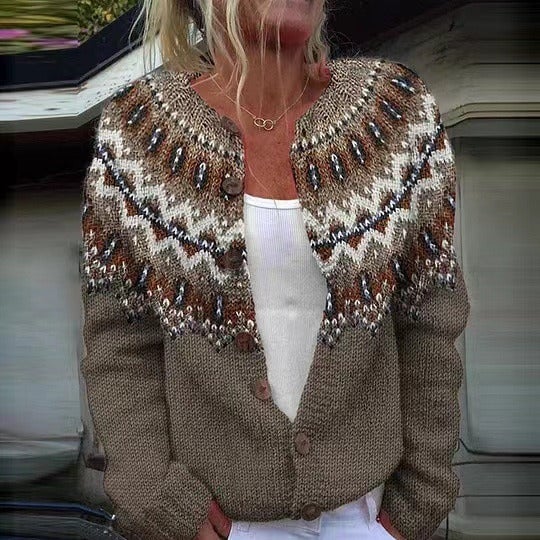 Francine | Cardigan Jacquard Ethnique Taupe