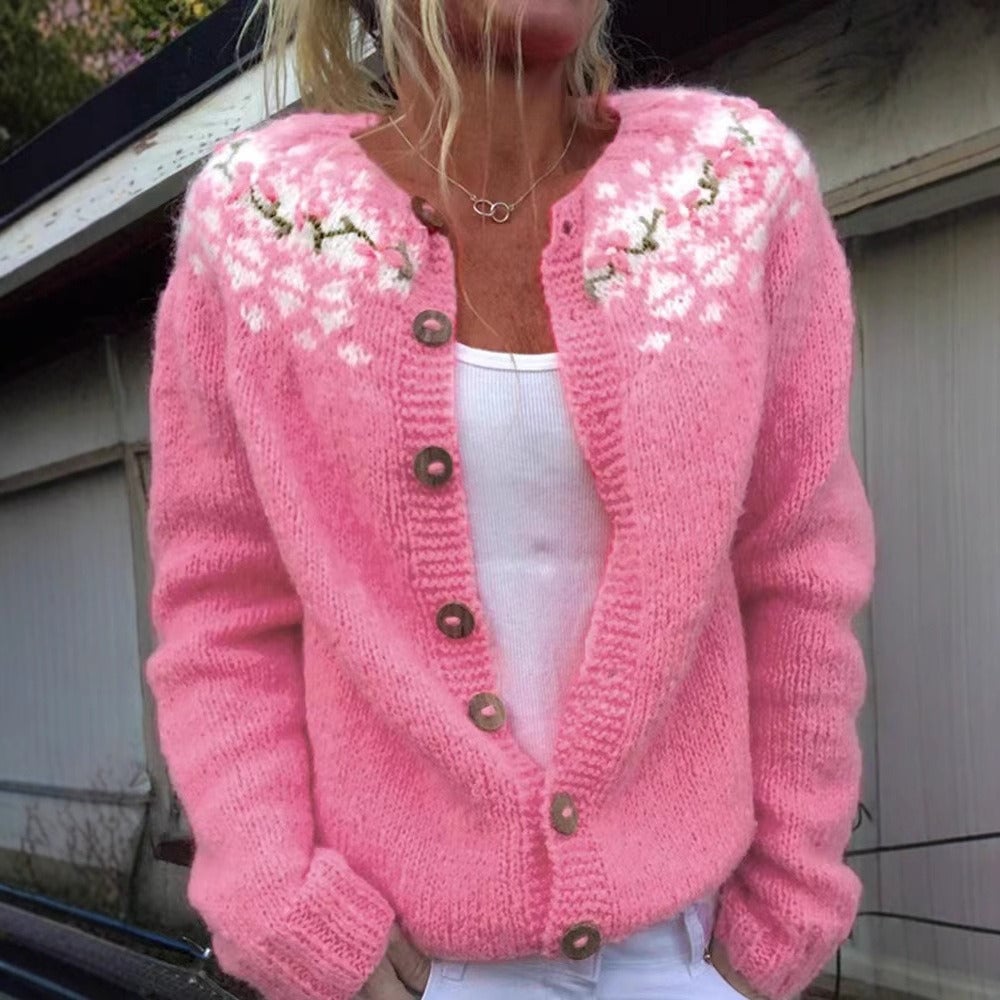 Paulette | Cardigan Jacquard Fleuri Rose Bonbon