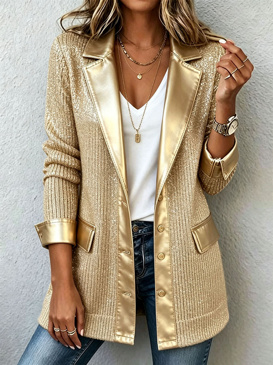 VICTOIRE | Blazer en maille dorée avec liserés en similicuir