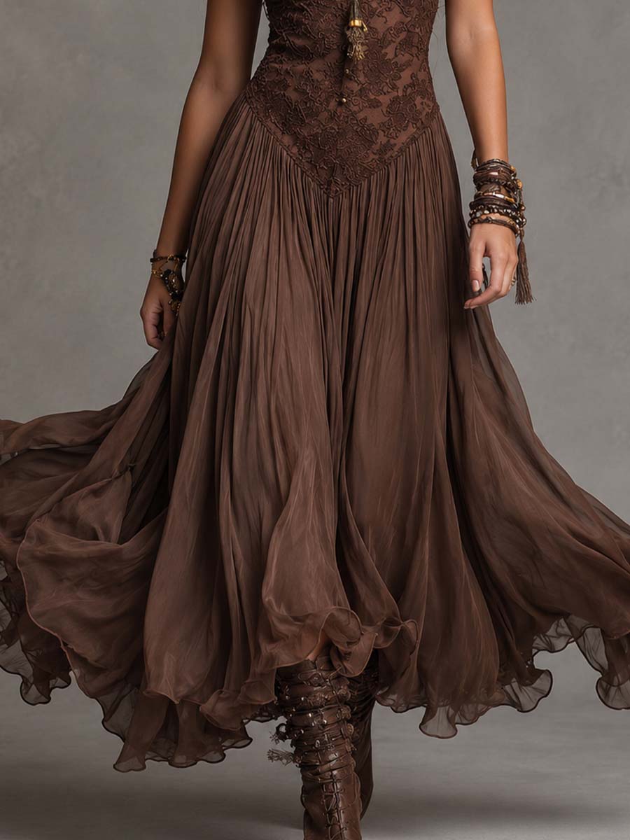 Robe Longue en Mousseline et Dentelle Marron Foncé