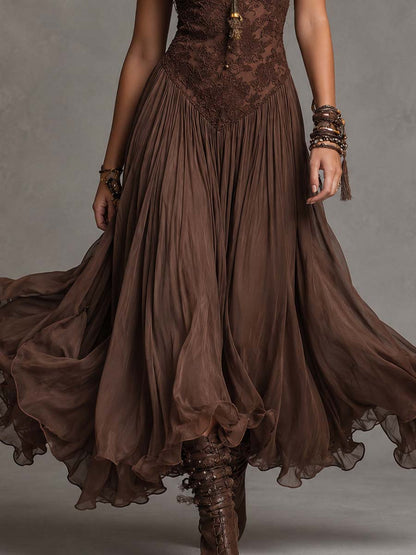 Robe Longue en Mousseline et Dentelle Marron Foncé