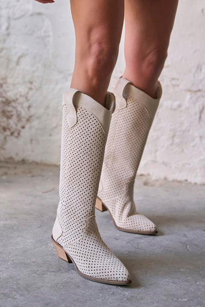 Justine | Bottes Western Beiges Perforées à Bout Pointu