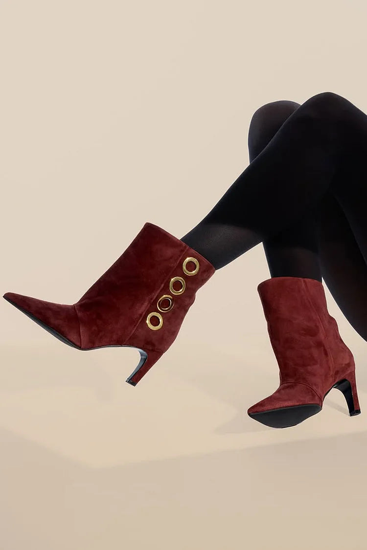 Geneviève | Bottes Bordeaux Pointues en Suédine à Anneau Métal