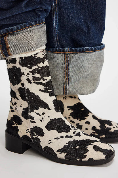 Odette | Bottines Beiges Motif Vache en Suédine Bout Rond