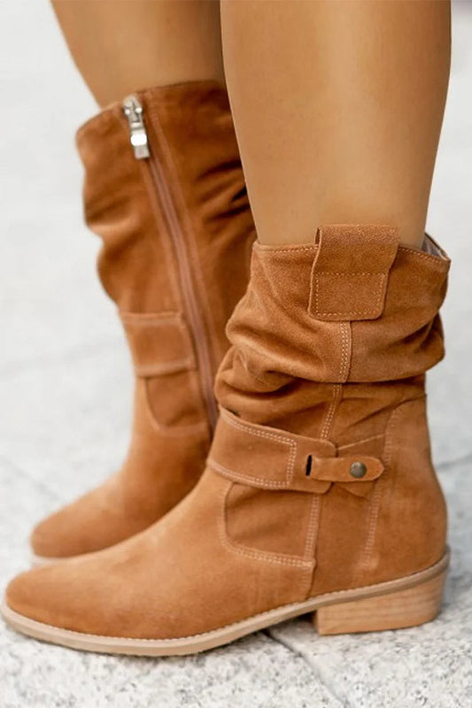 Émeline | Bottes Mi-Mollet en Suédine à Zip et Bout Rond