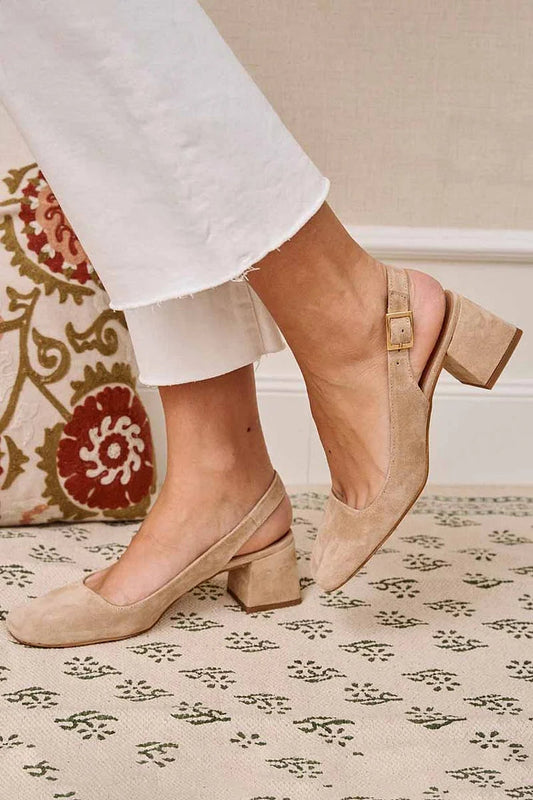 talons larges kaki slingback à boucle et bout carré.