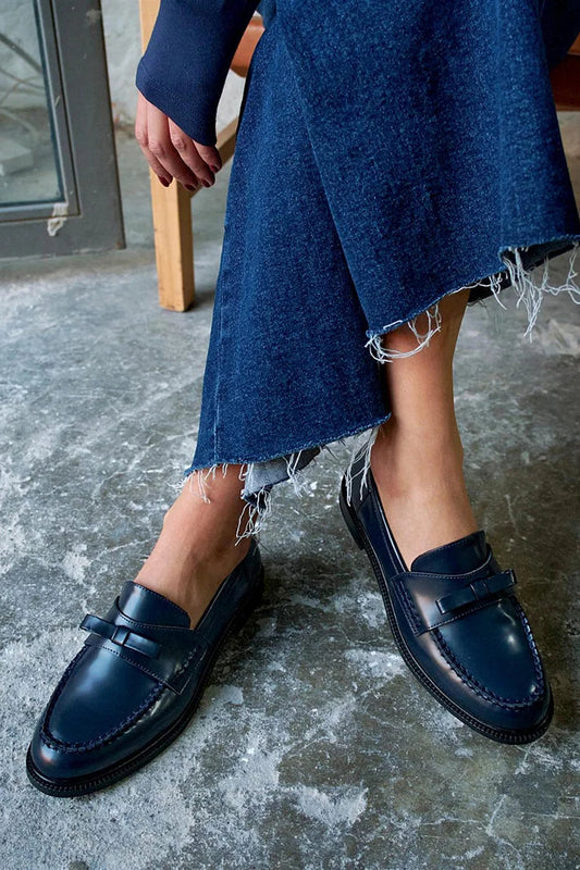 Mocassins patchwork Bleu Marine unis à bout rond avec nœud