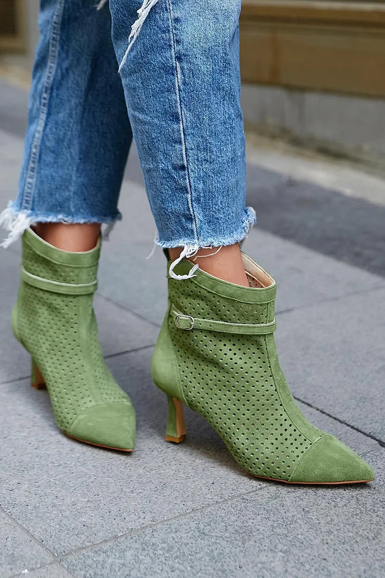 Nathalie | Bottes Vertes en Suédine Pointues à Boucle et Bride