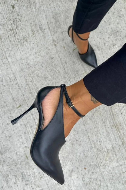 Talons aiguilles pointus à découpes Noir avec bride cheville et boucle
