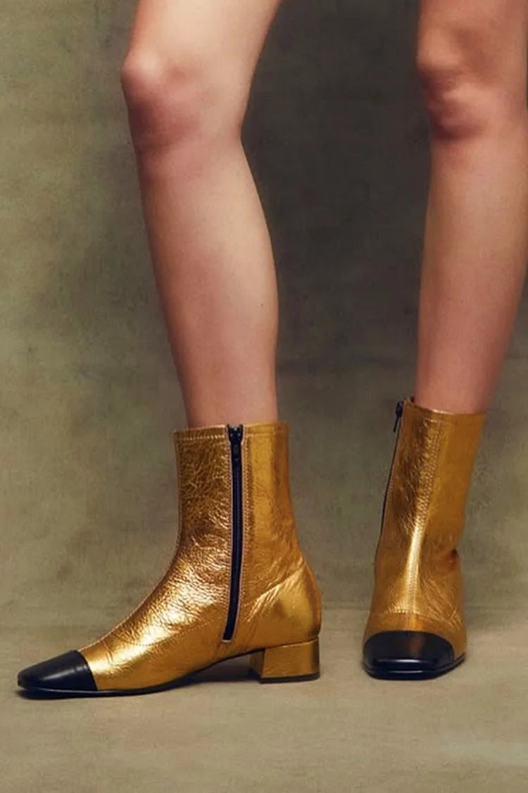 Élise | Bottines Dorées Métallisées Bout Carré à Talon Épais