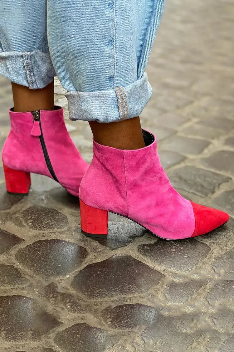 Mathilde | Bottines Fuchsia en Velours à Talon Épais