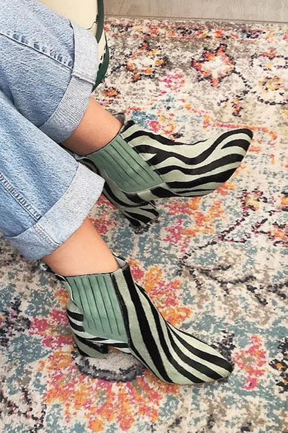 Henriette | Bottes Vertes Zébrées en Suédine à Talon Épais