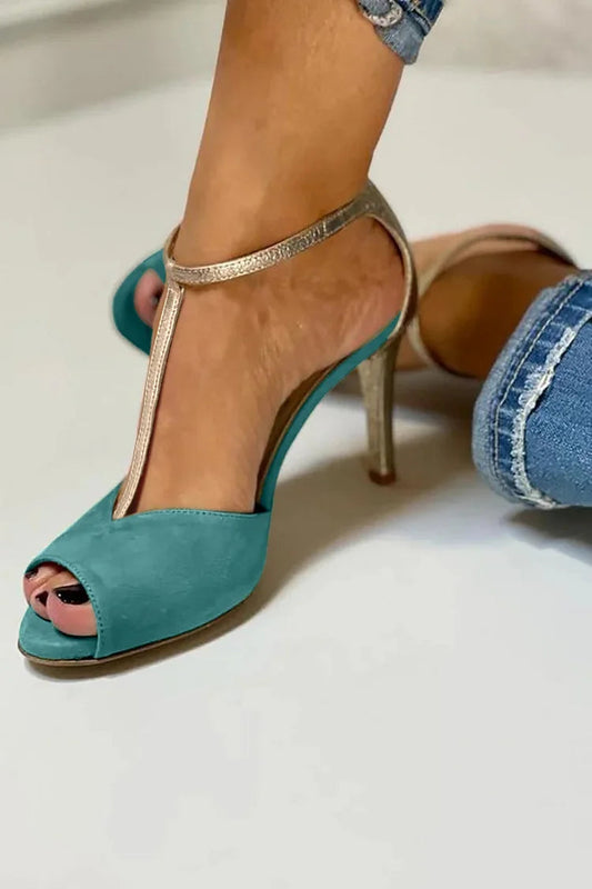 Talons aiguilles color block élégants Vert avec boucle et bride en T