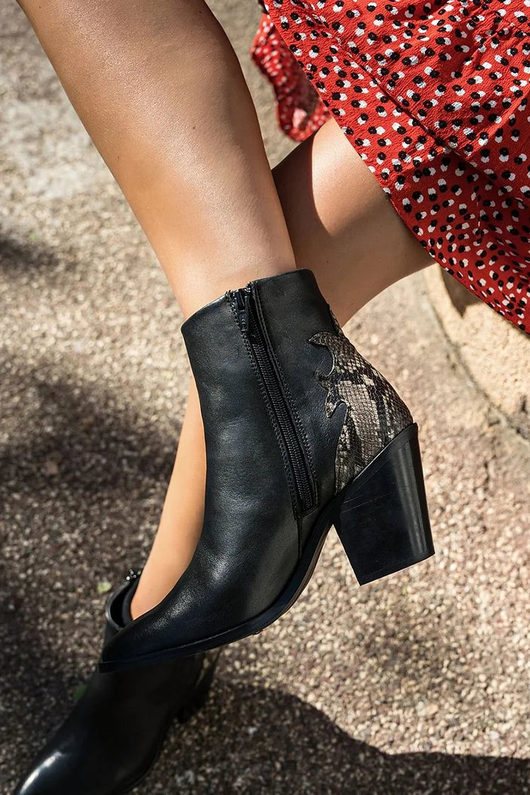 Morgane | Bottines Noires Effet Serpent à Talon Épais