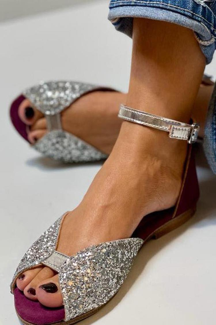 Sandales peep toe pailletées Argent avec bride cheville et boucle
