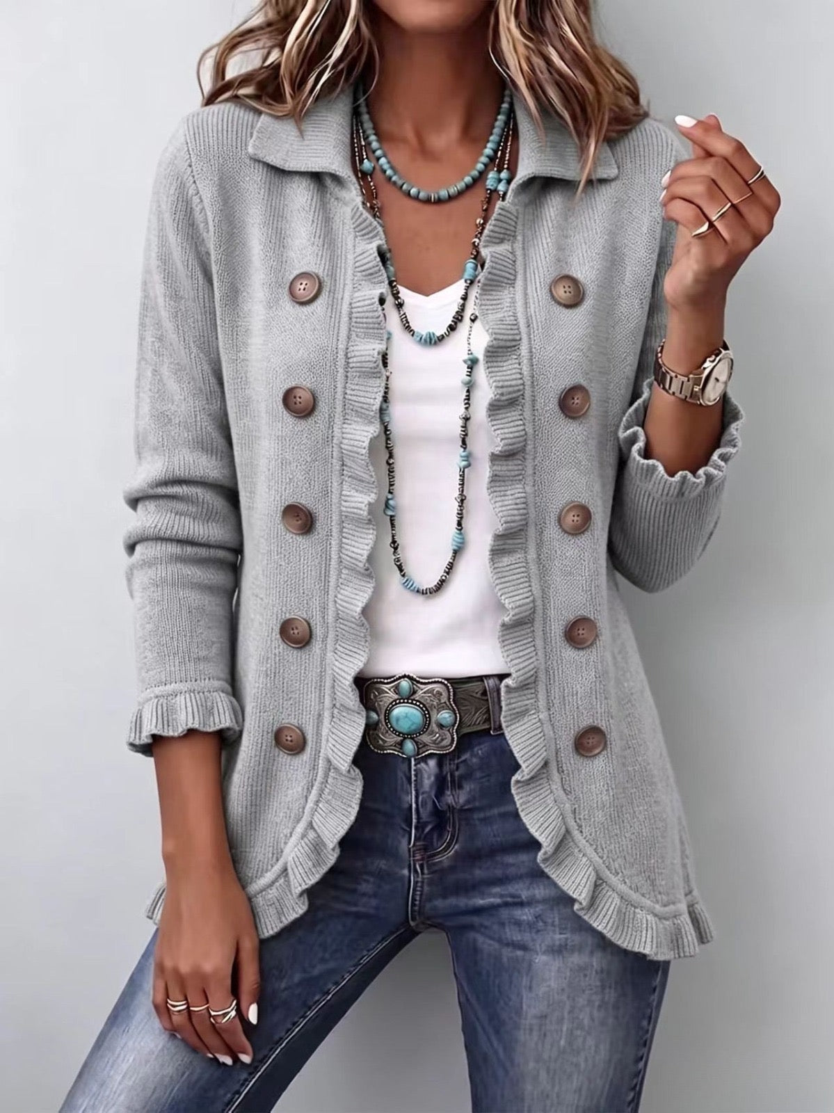ODETTE | Veste en maille gris chiné à volants