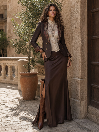 Ambre | Blazer Chevrons à Revers Fleuris