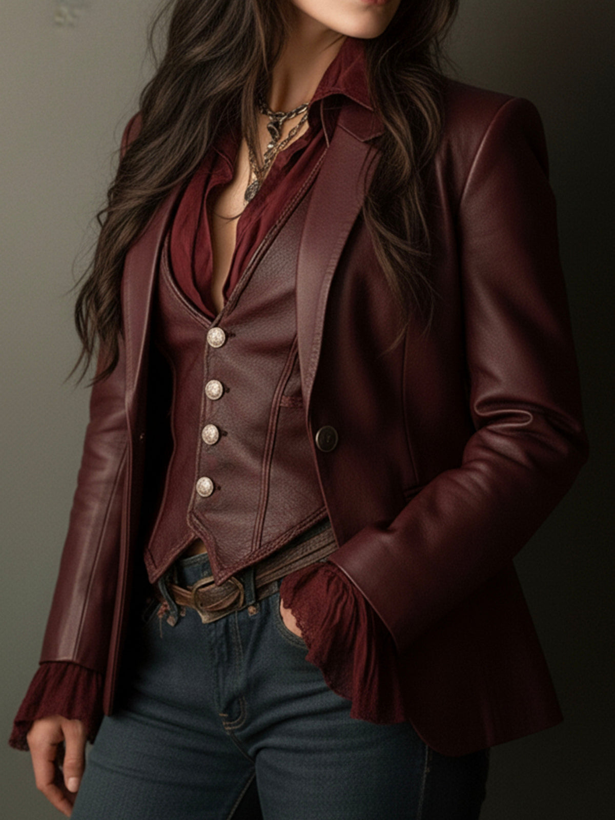 Évangéline | Blazer Bordeaux Effet Cuir