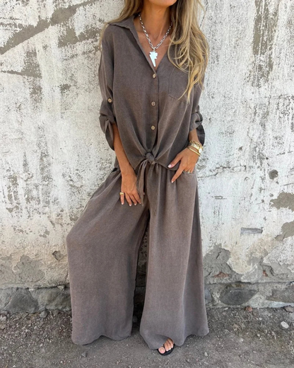 Solène | Ensemble Fluide Chemise Nouée et Pantalon Large