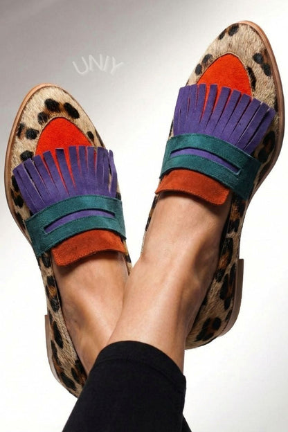 Irène | Mocassins Rétro Léopard à Franges Multicolores