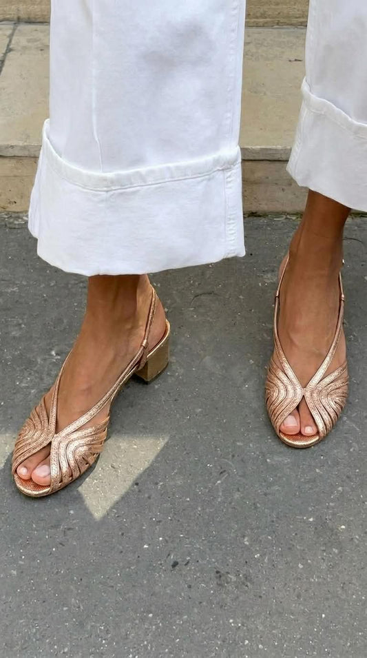 Talons bloc slingback peep toe tressés métallisés Or Rose