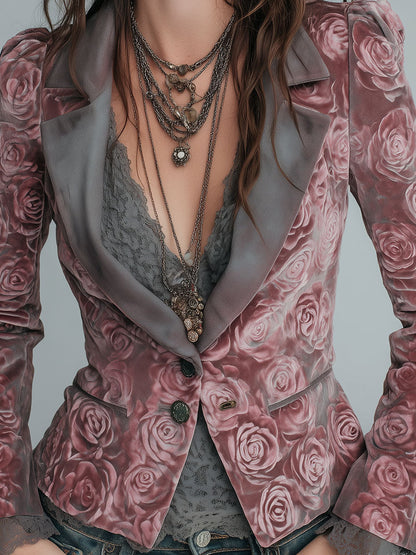 Gwendoline | Blazer Ajusté en Velours à Roses et Revers Pointus