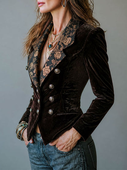 Léontine | Blazer Croisé en Velours à Revers Fleuri