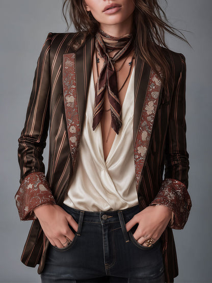 Pervenche | Blazer Satiné Rayé à Galons Brocart