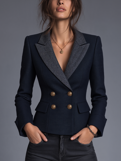 Philomène | Blazer Croisé Bleu Marine à Chevrons