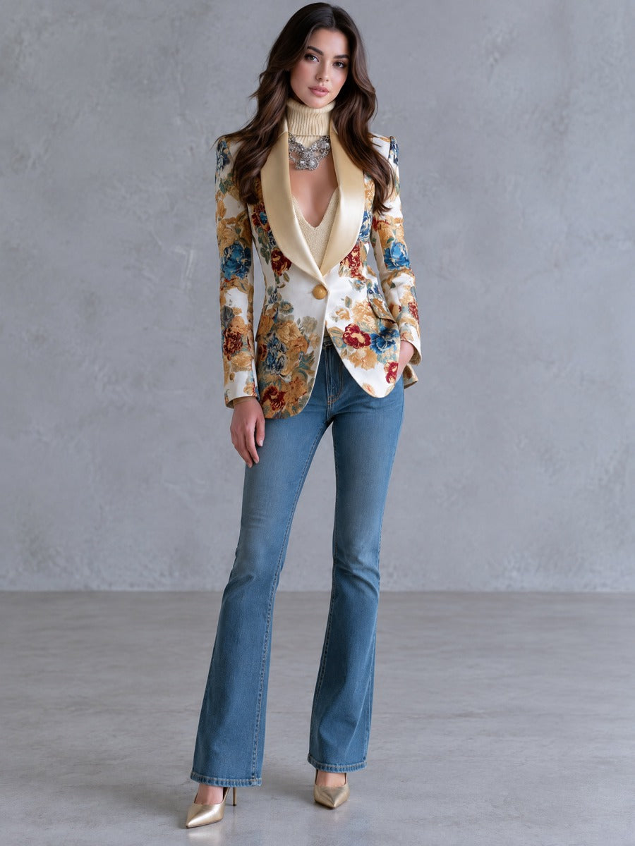 Sylvaine | Blazer Bohème Fleuri à Col Châle Satiné