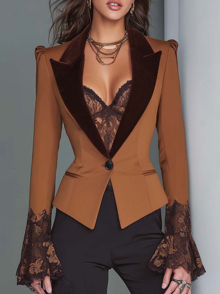 Quitterie | Blazer Ajusté à Revers Velours et Poignets Dentelle